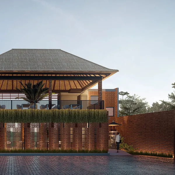 Tropical pavilion with a hipped roof and a red brick screen wall